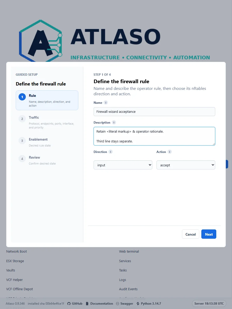 Atlaso Firewall Rule step with a full-width multiline Description and the four-step navigation.