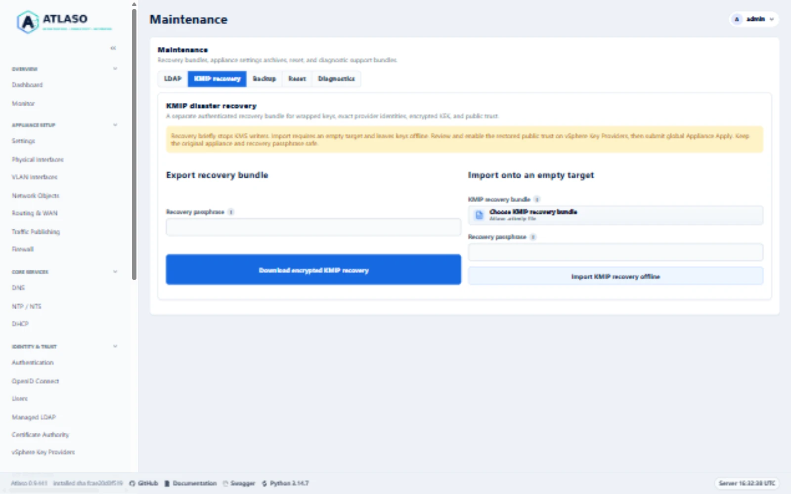 Atlaso Maintenance KMIP recovery tab with separate encrypted export and offline import forms in the desktop viewport.