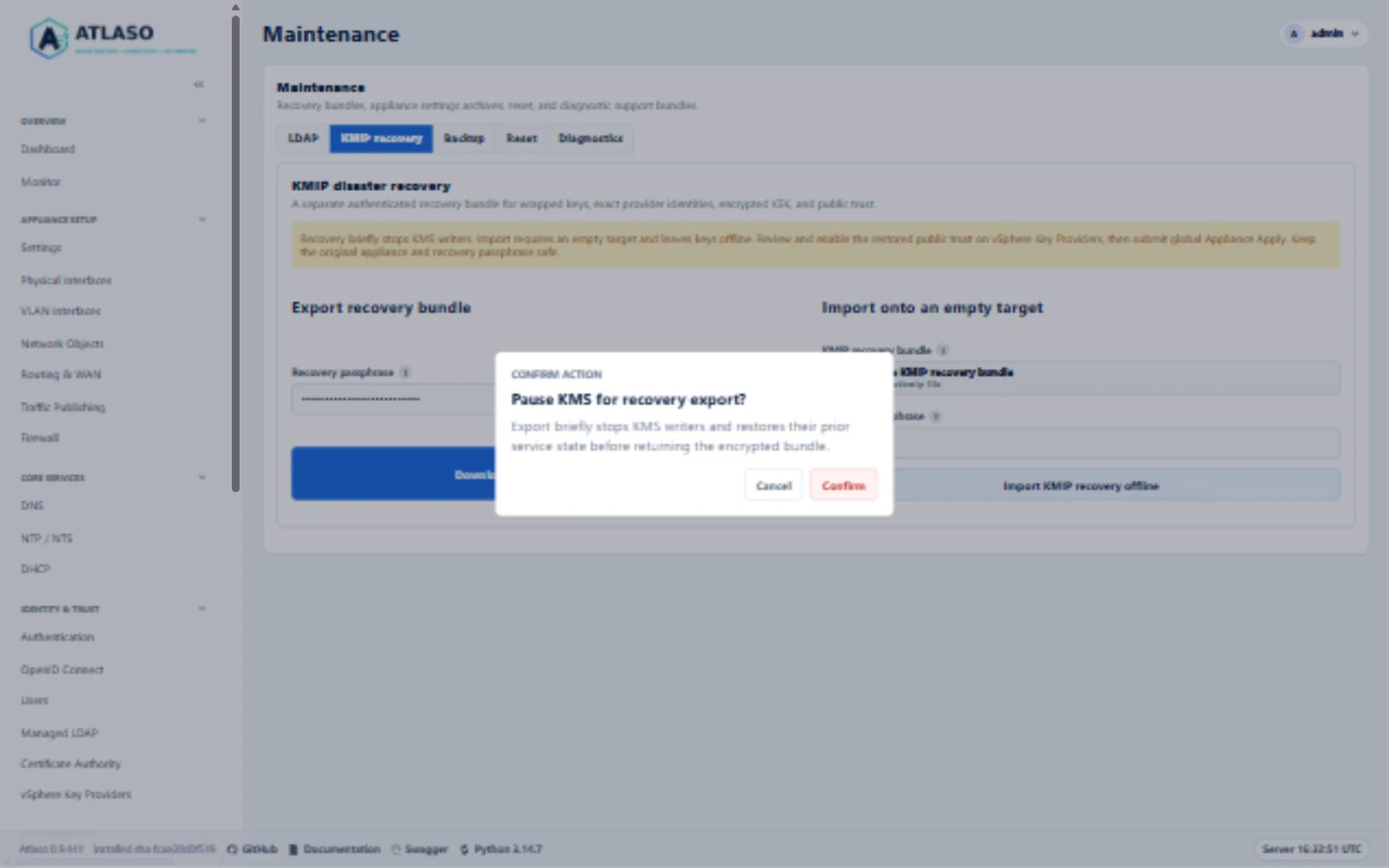 Atlaso shared confirmation dialog explaining that recovery export pauses writers and restores their prior service state.