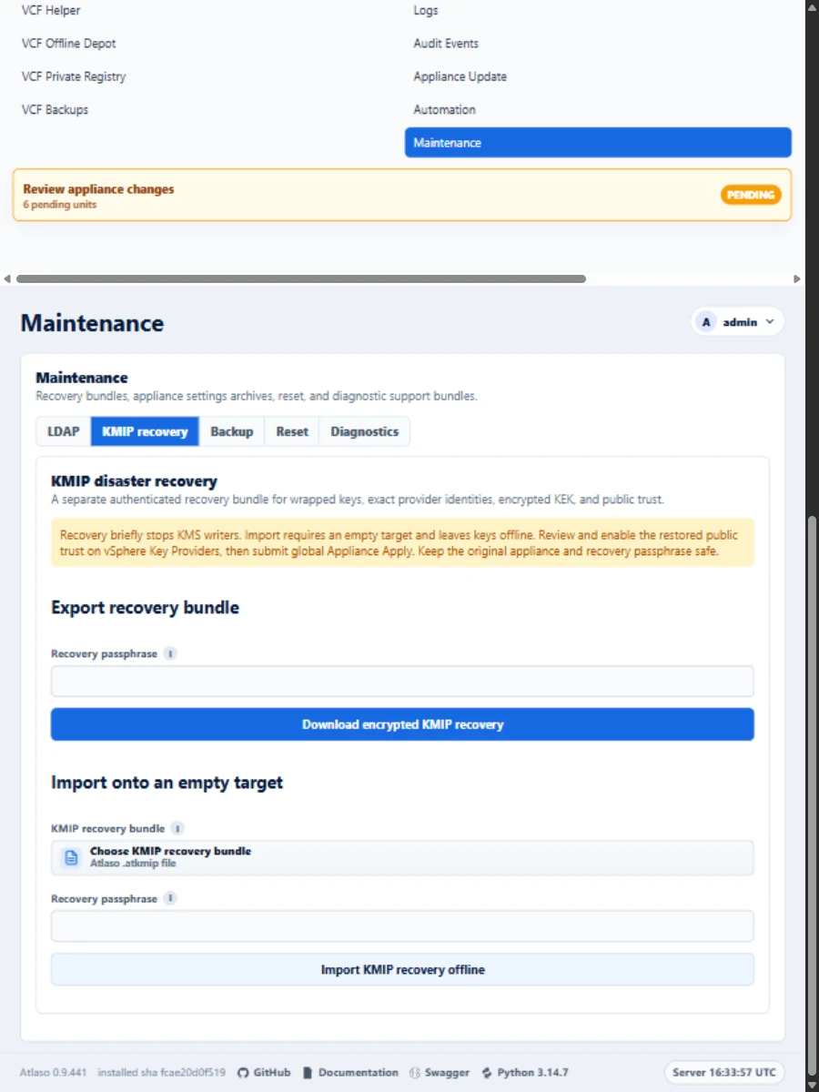 Atlaso Maintenance KMIP recovery tab with separate encrypted export and offline import forms in the responsive viewport.