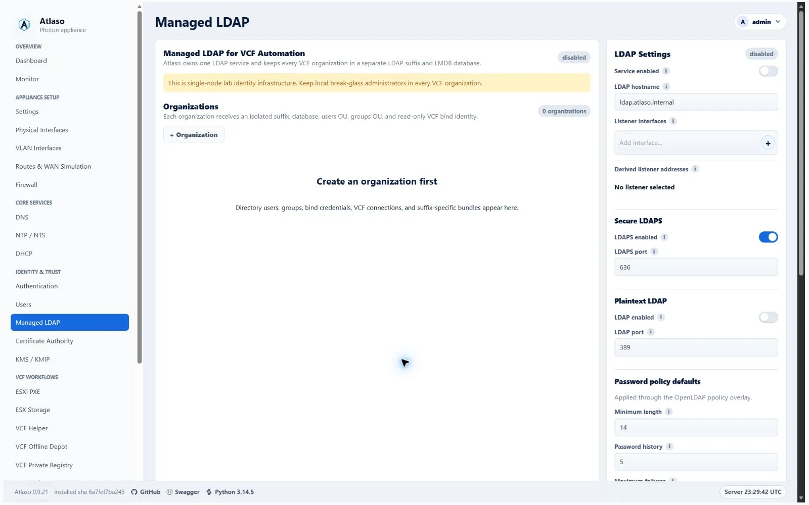 Atlaso Managed LDAP page in the clean-appliance desktop viewport.