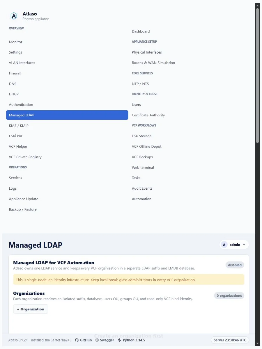 Atlaso Managed LDAP page in the clean-appliance responsive viewport.