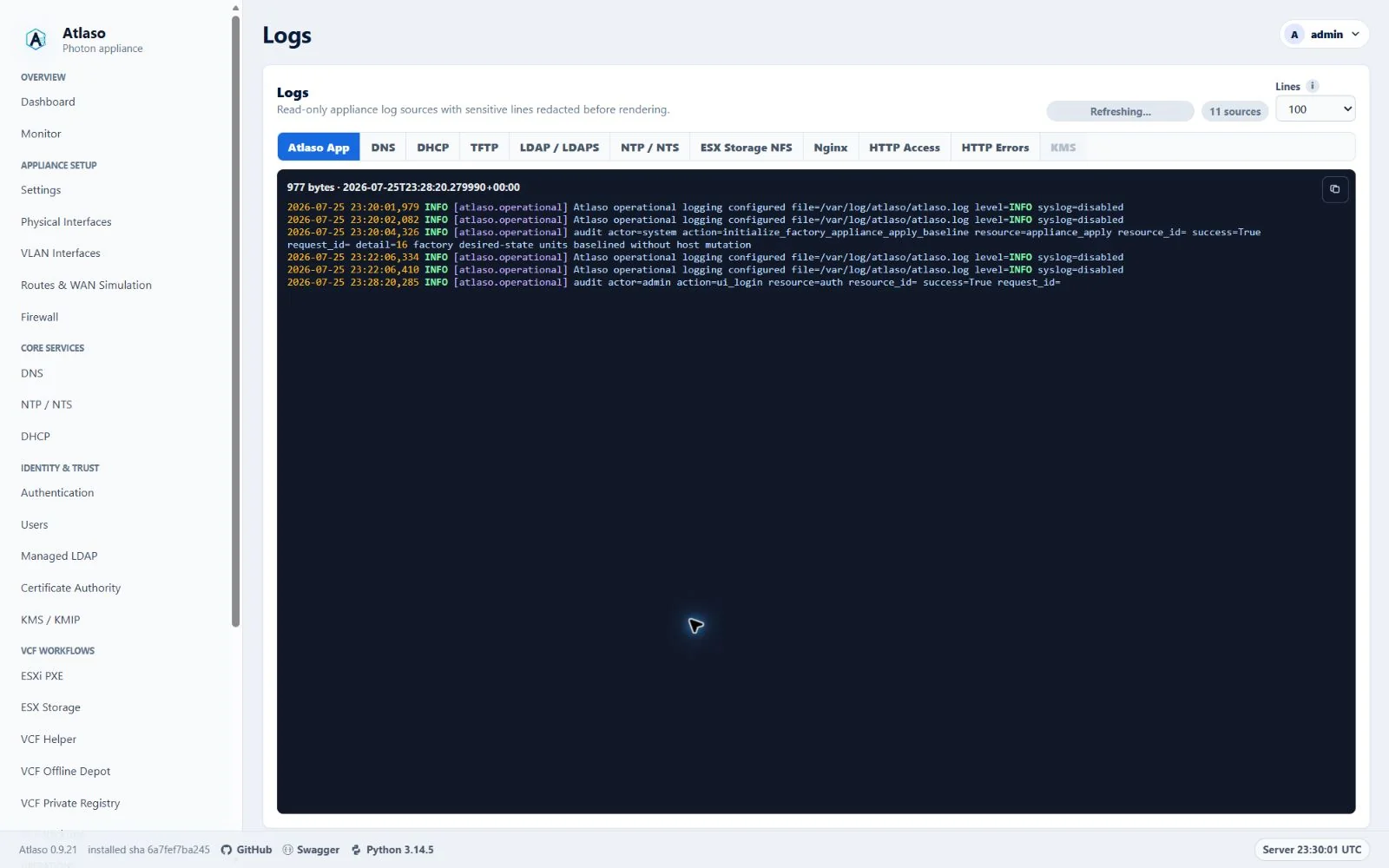Atlaso Logs page in the clean-appliance desktop viewport.