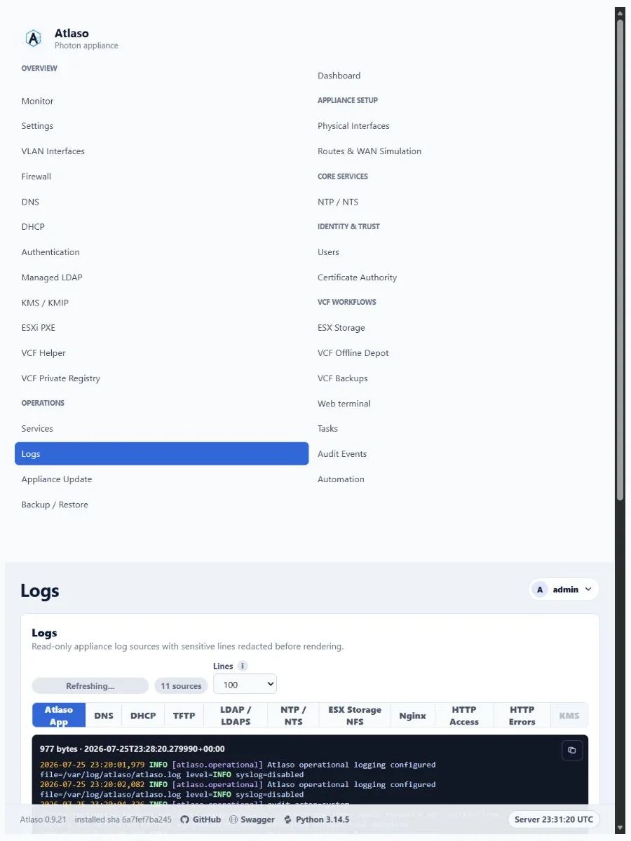 Atlaso Logs page in the clean-appliance responsive viewport.