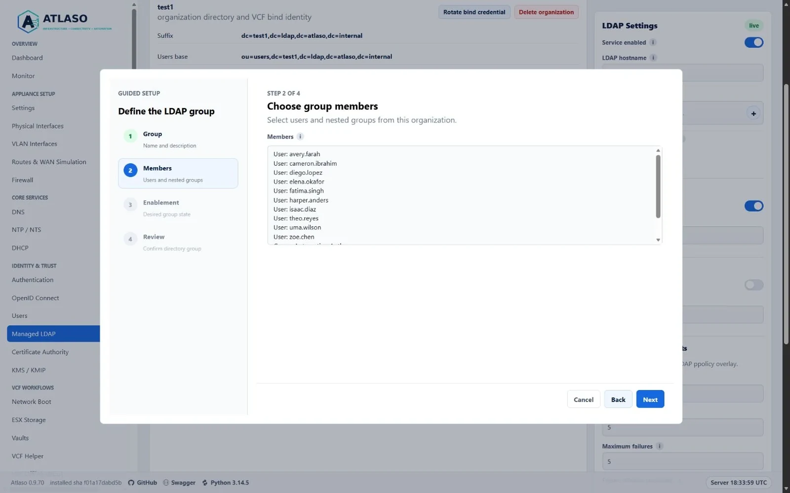 Atlaso Managed LDAP group wizard Members step showing selectable organization users and nested groups.