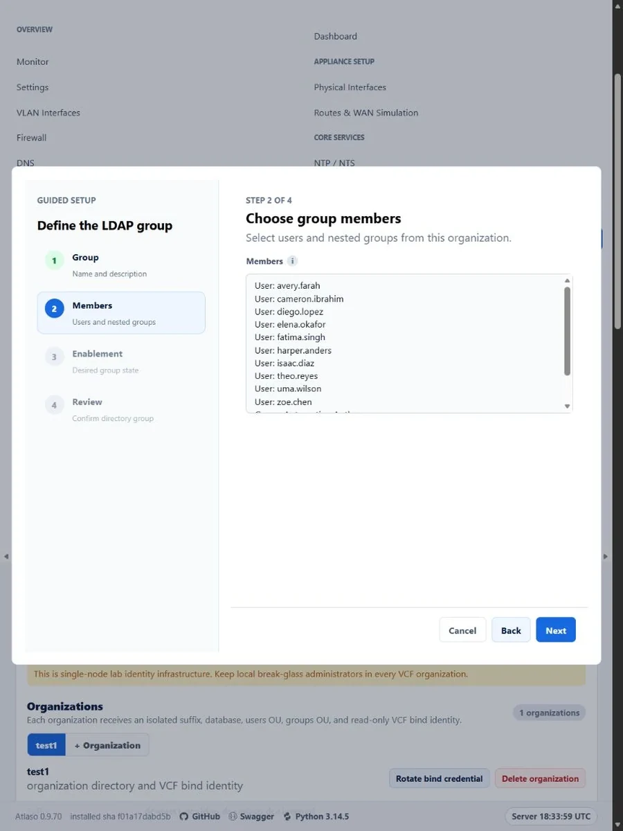 Atlaso Managed LDAP group wizard Members step in a narrow viewport with populated membership options.