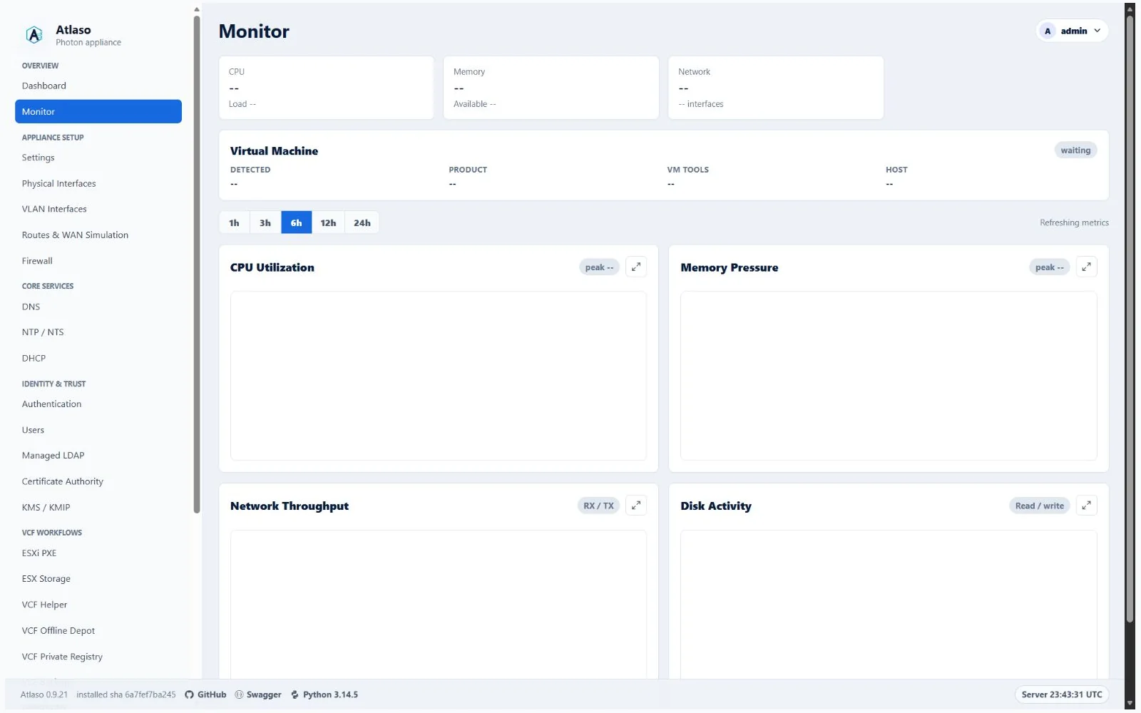Atlaso Monitor page showing live appliance runtime metrics after apply.