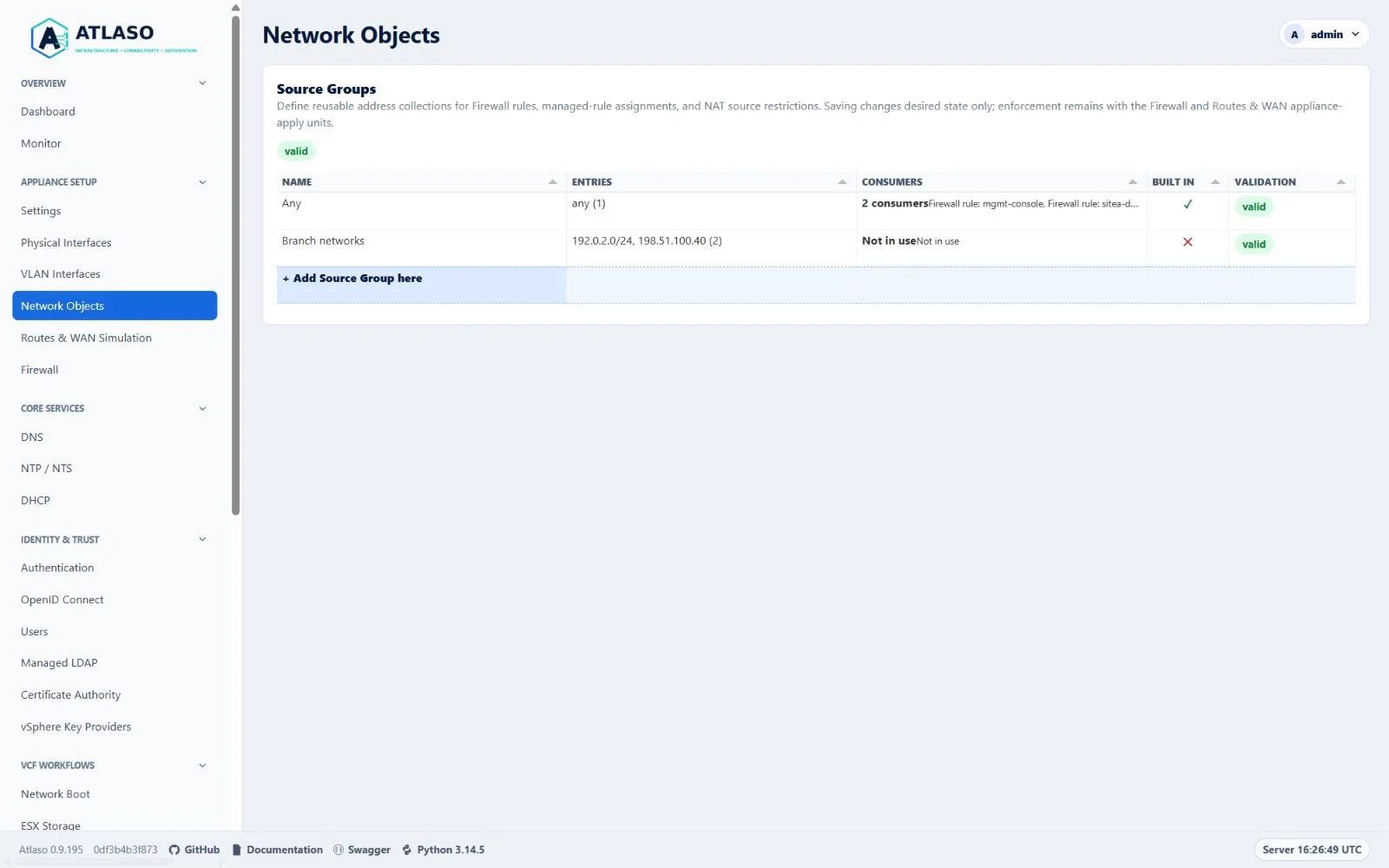 Atlaso Network Objects page in the clean-appliance desktop viewport.
