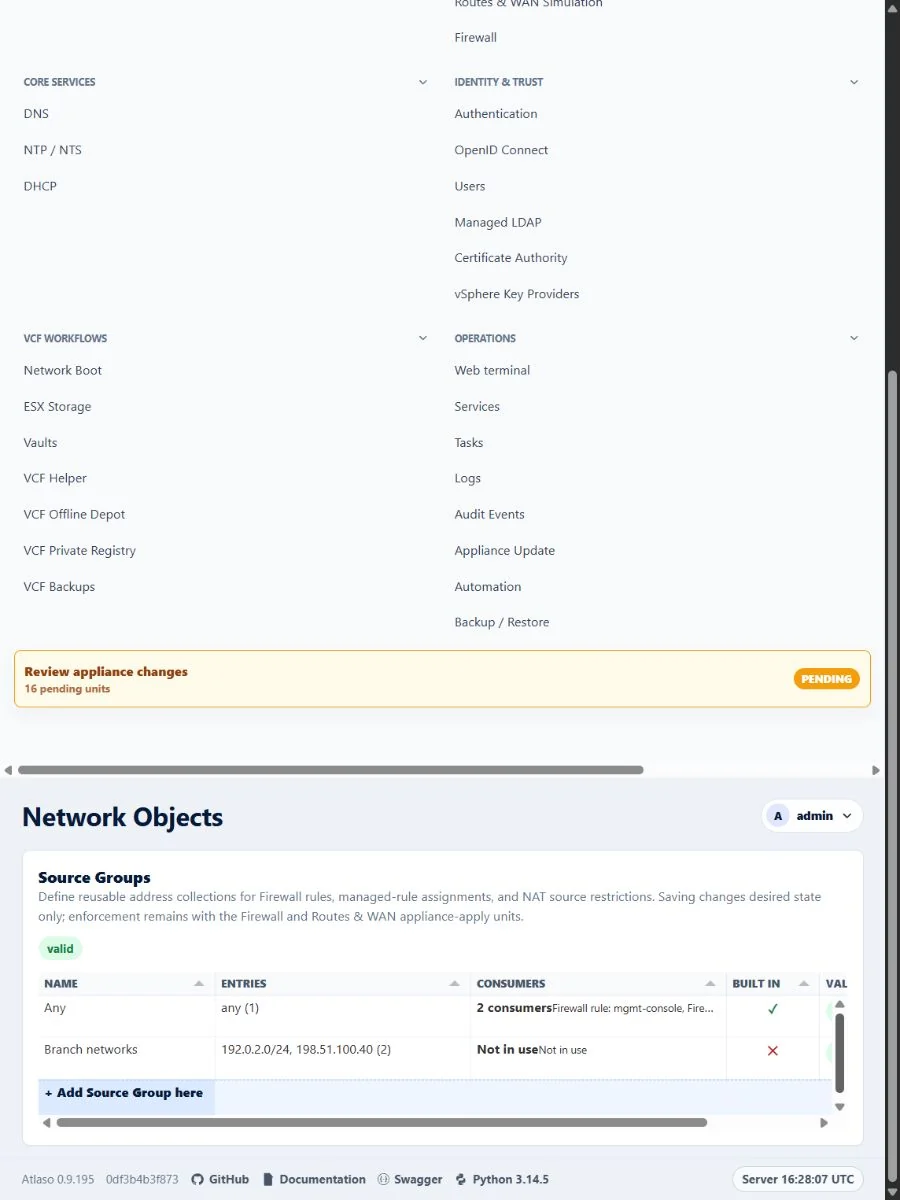 Atlaso Network Objects page in the clean-appliance responsive viewport.