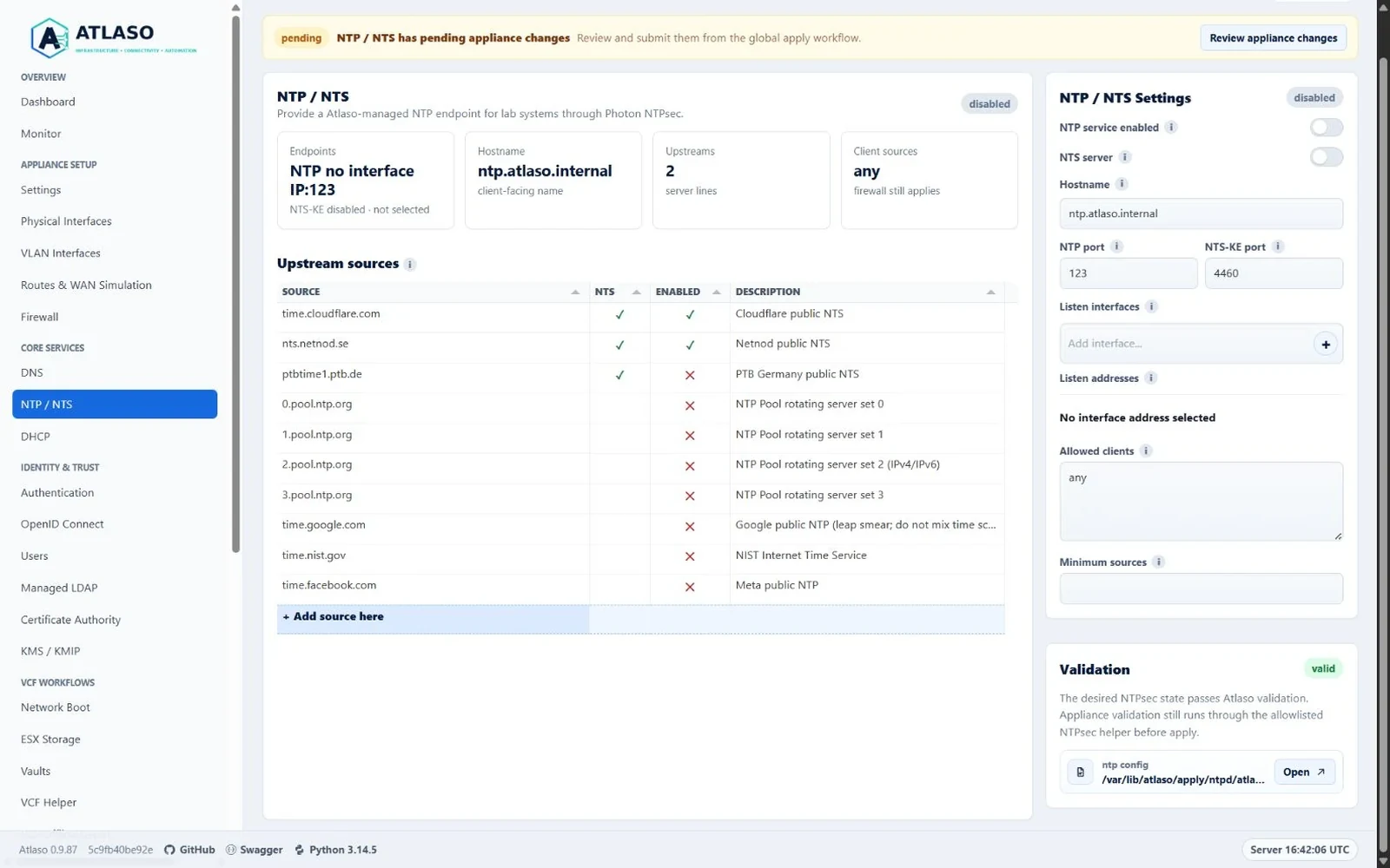 Atlaso NTP and NTS page in the clean-appliance desktop viewport.