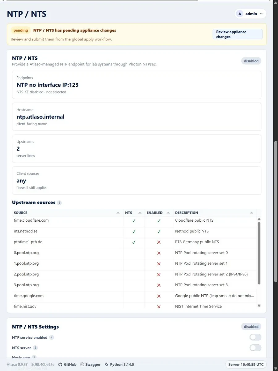 Atlaso NTP and NTS page in the clean-appliance responsive viewport.