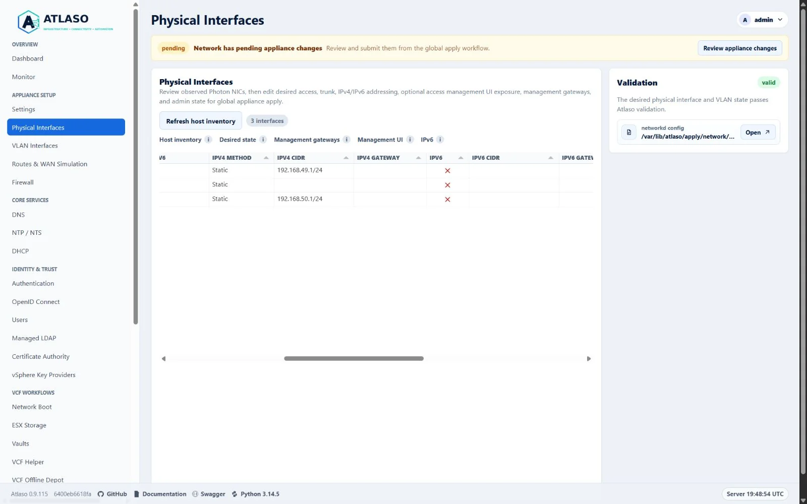 Atlaso Physical Interfaces page showing false glyphs in the IPv6 column and canonical interface roles.