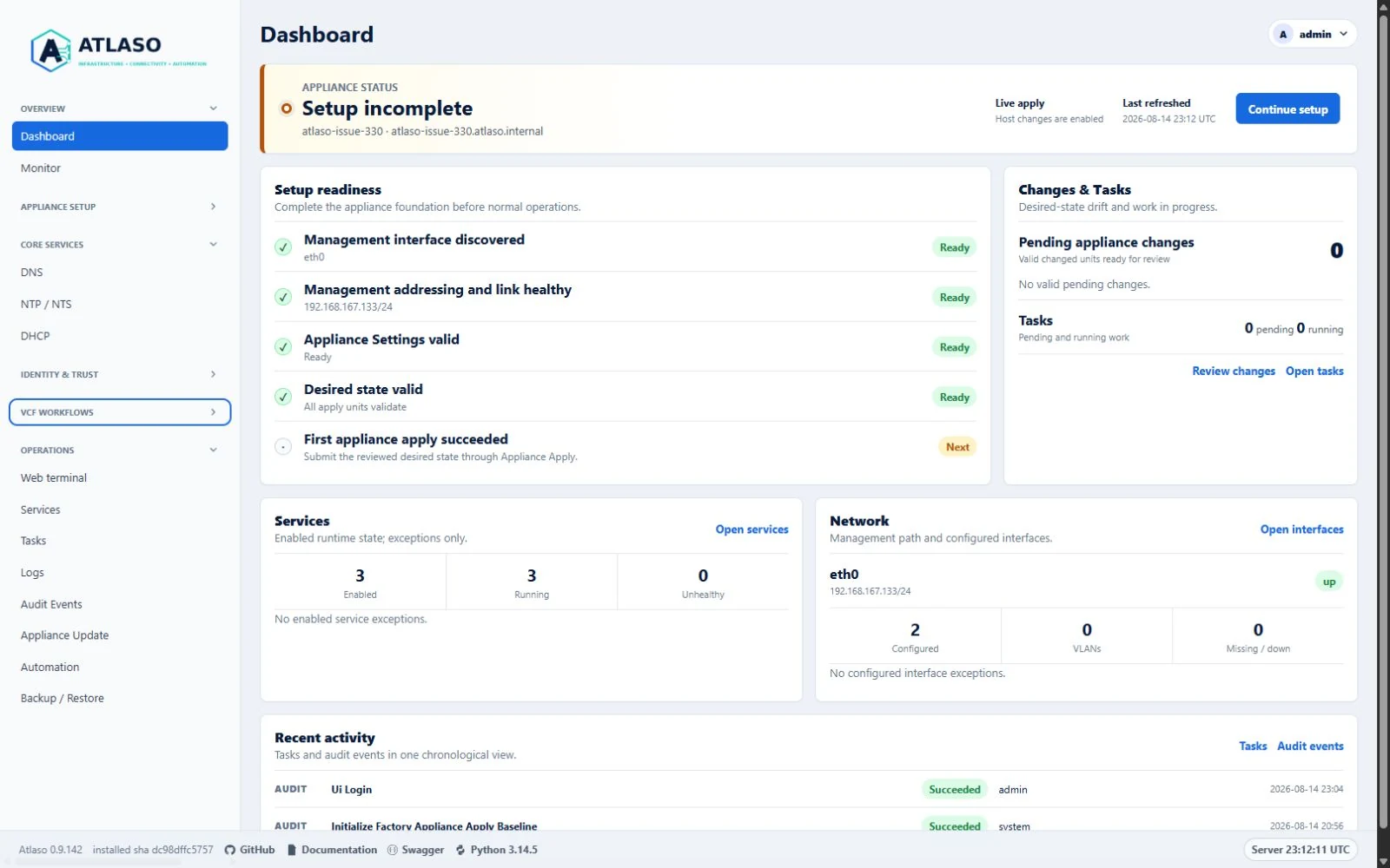 Atlaso Dashboard with Appliance Setup, Identity and Trust, and VCF Workflows navigation sections collapsed.