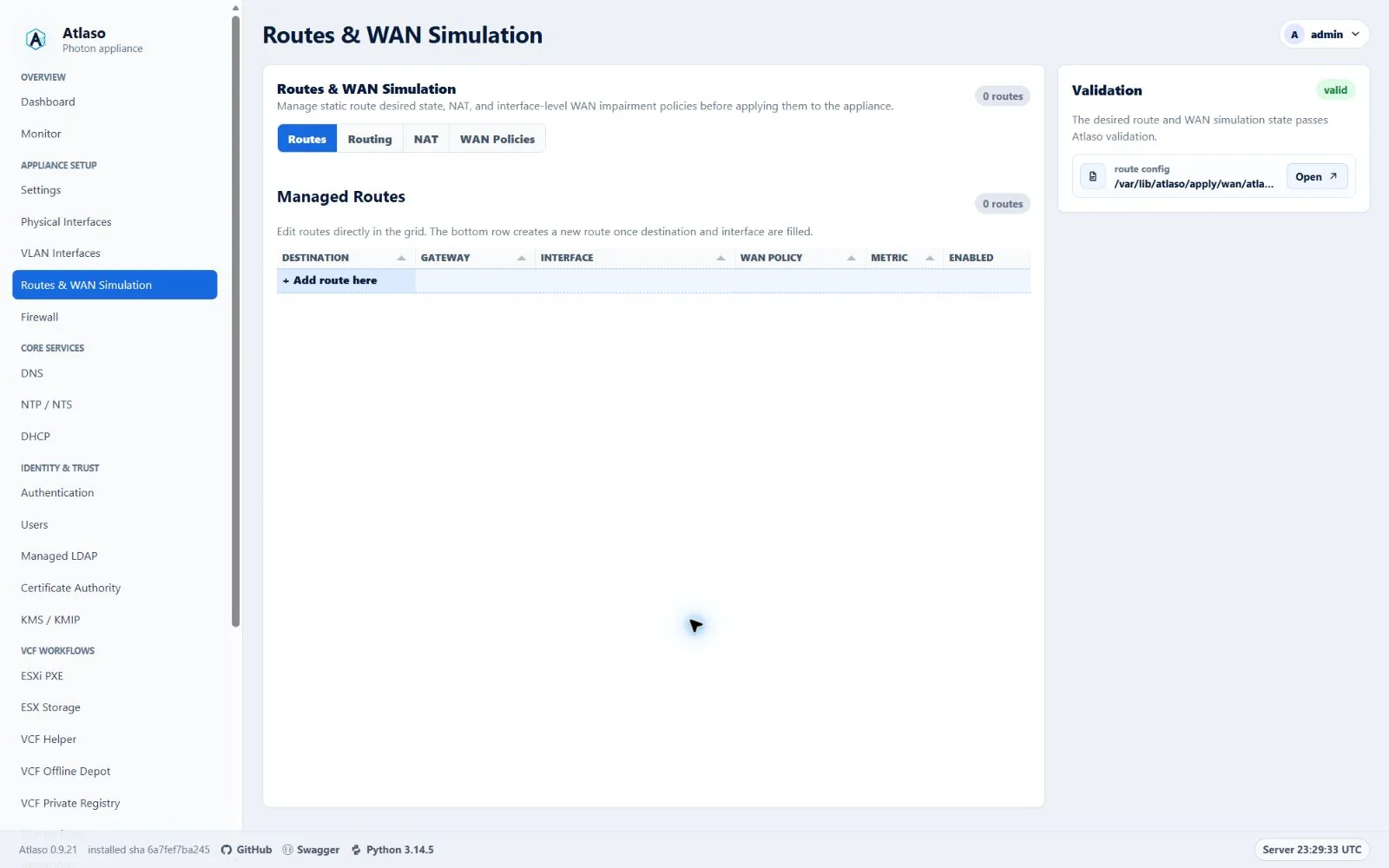 Atlaso Routes and WAN Simulation page in the clean-appliance desktop viewport.