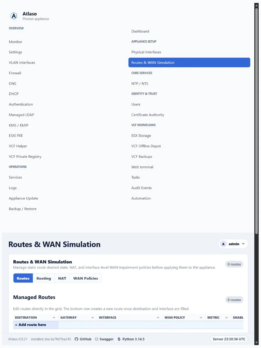 Atlaso Routes and WAN Simulation page in the clean-appliance responsive viewport.