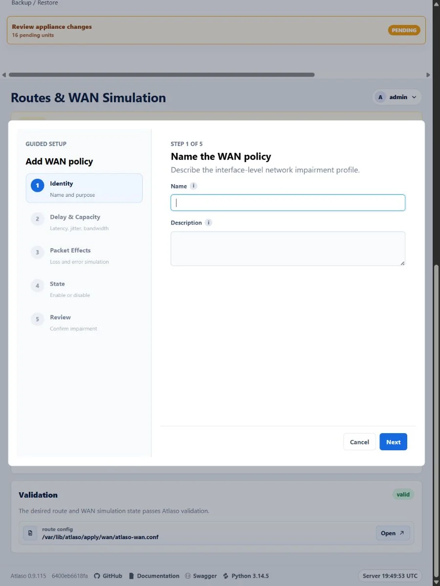 Atlaso WAN policy wizard using the standard responsive rail and five reviewed configuration steps.
