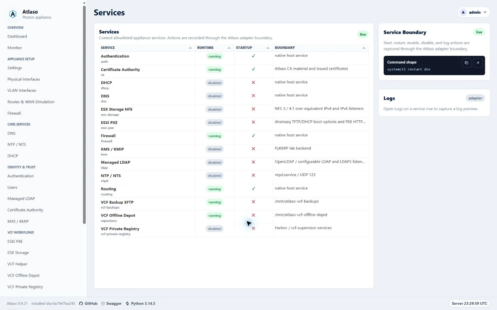 Atlaso Services page in the clean-appliance desktop viewport.