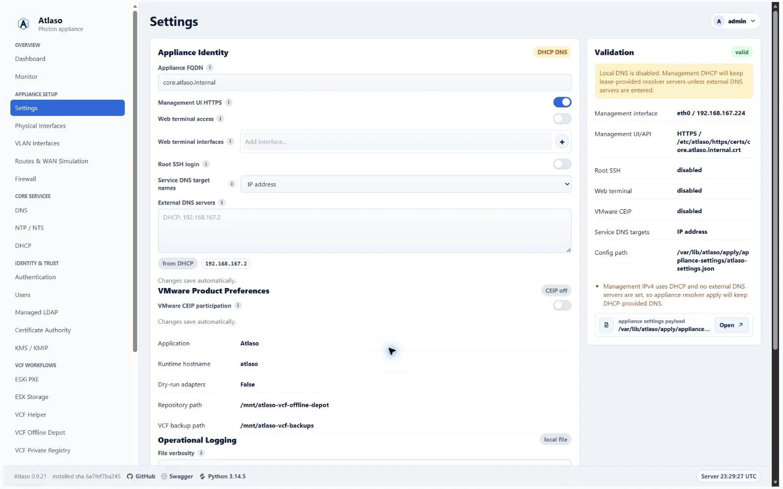 Atlaso Settings page in the clean-appliance desktop viewport.