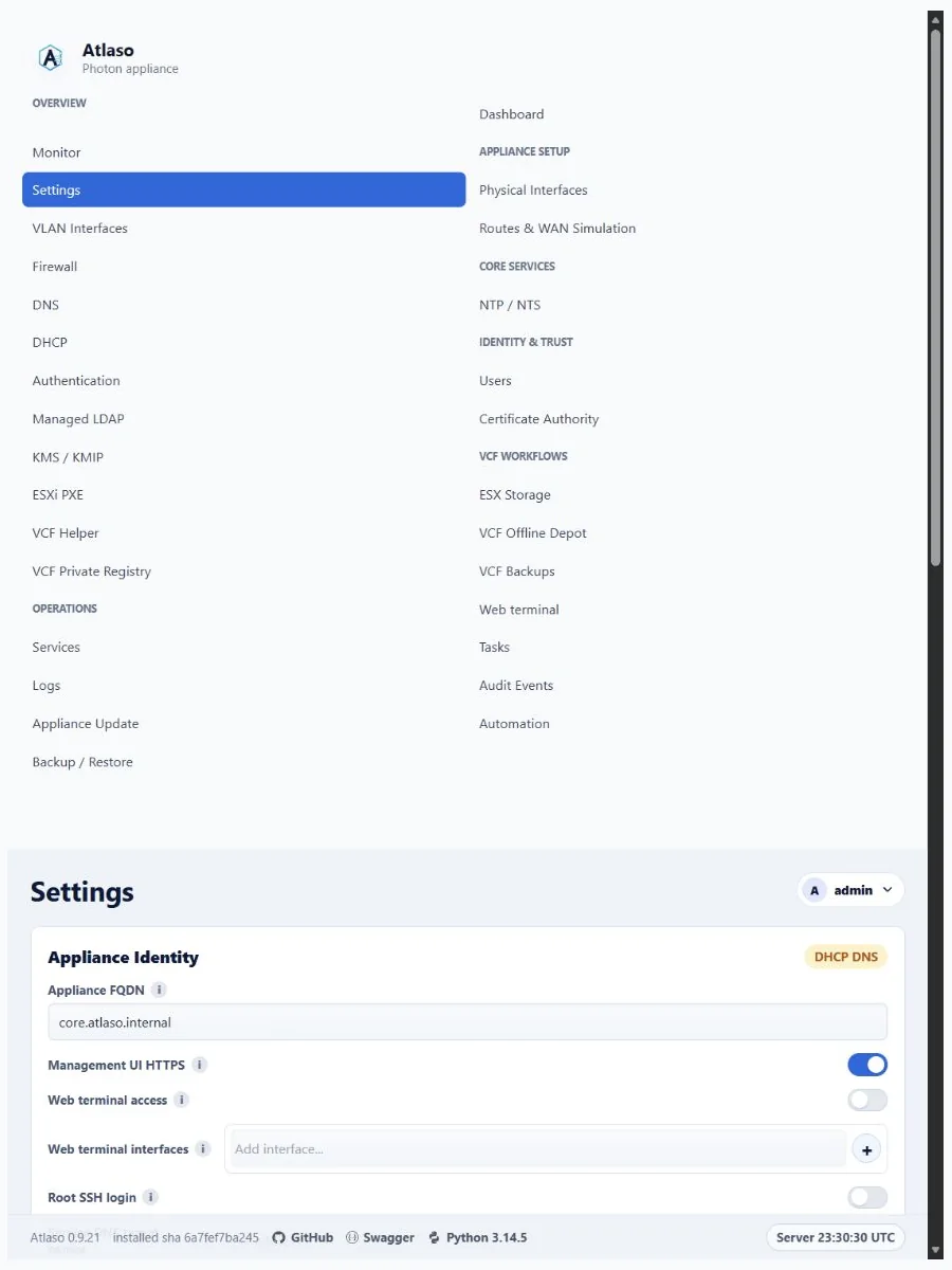 Atlaso Settings page in the clean-appliance responsive viewport.