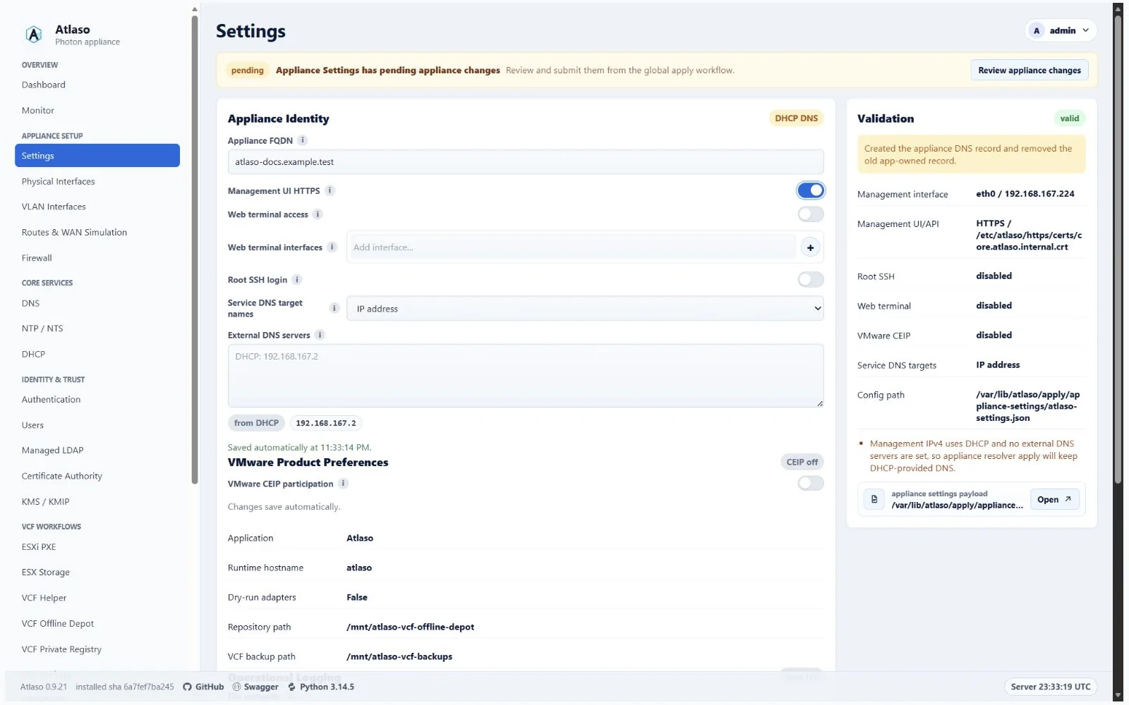 Atlaso Settings page with valid pending appliance identity changes.