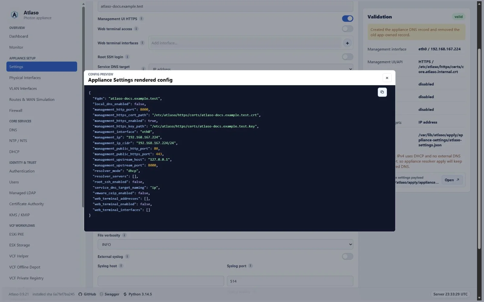 Atlaso configuration preview dialog with the rendered Appliance Settings JSON.