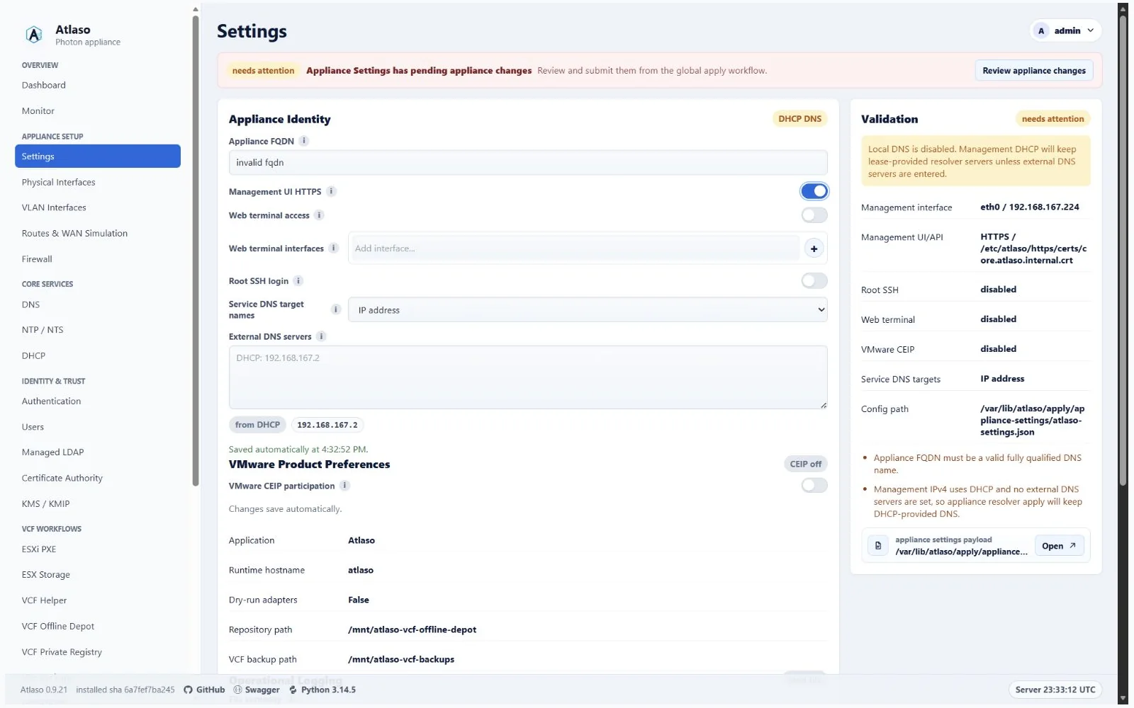 Atlaso Settings validation card explaining that the appliance FQDN is invalid.