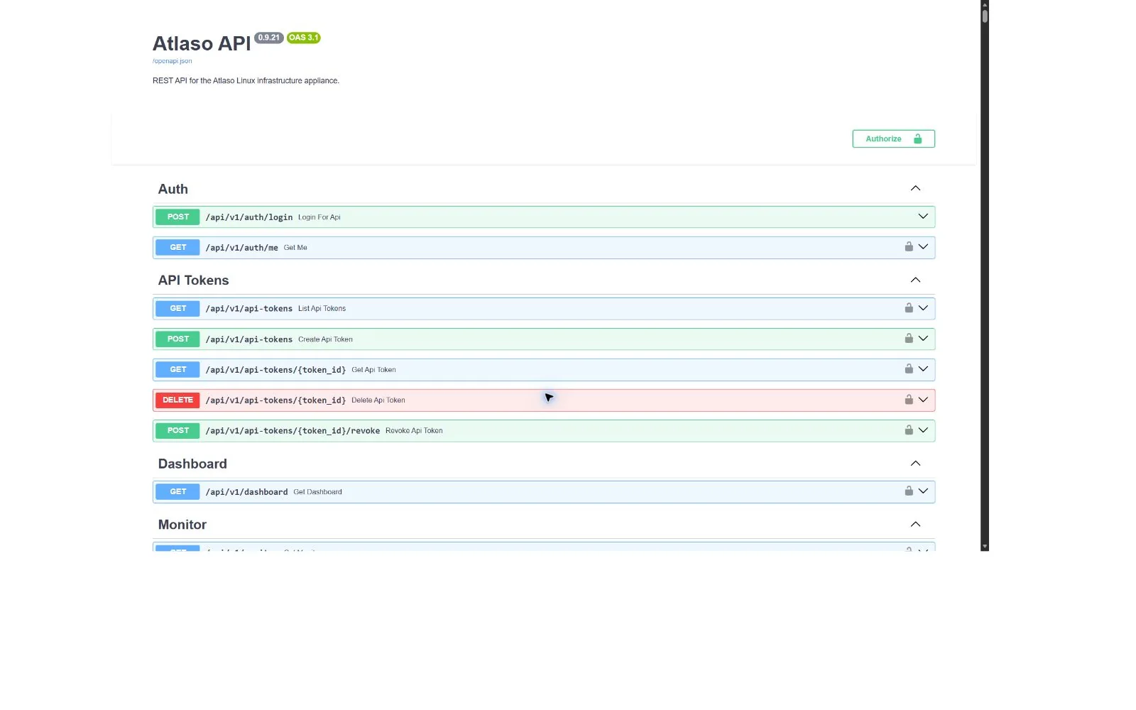 Atlaso Swagger API reference page in the clean-appliance desktop viewport.