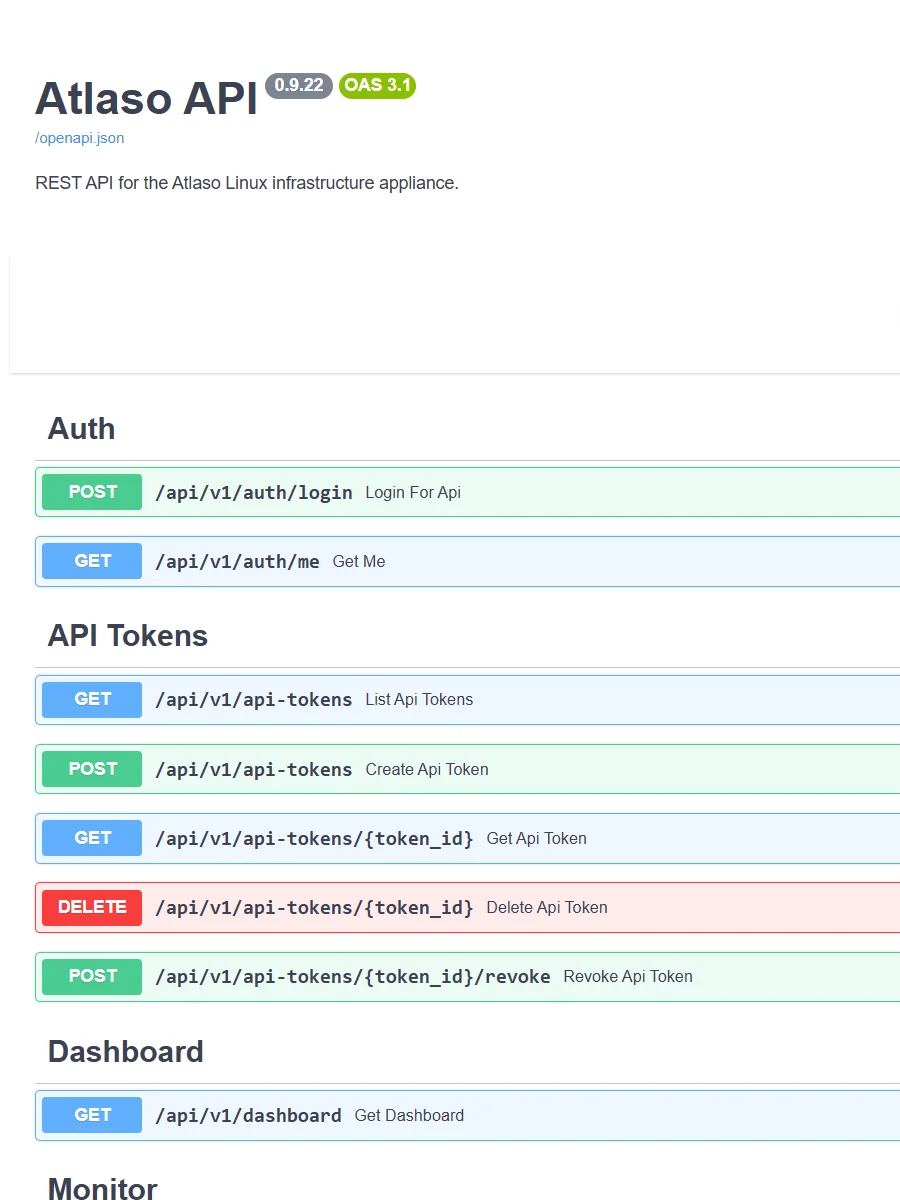 Atlaso Swagger API reference page in the clean-appliance responsive viewport.