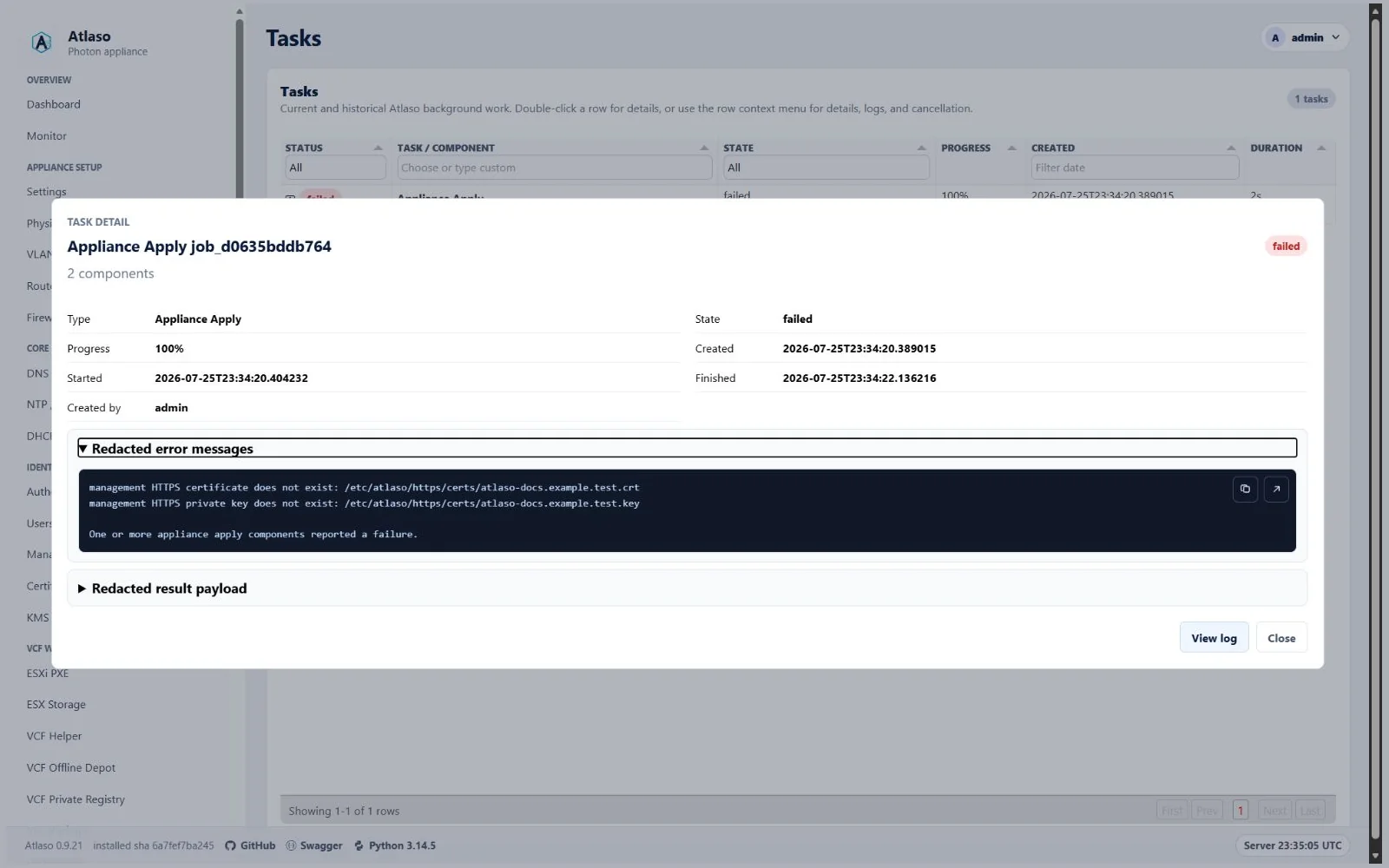 Atlaso task detail dialog for a failed appliance apply.