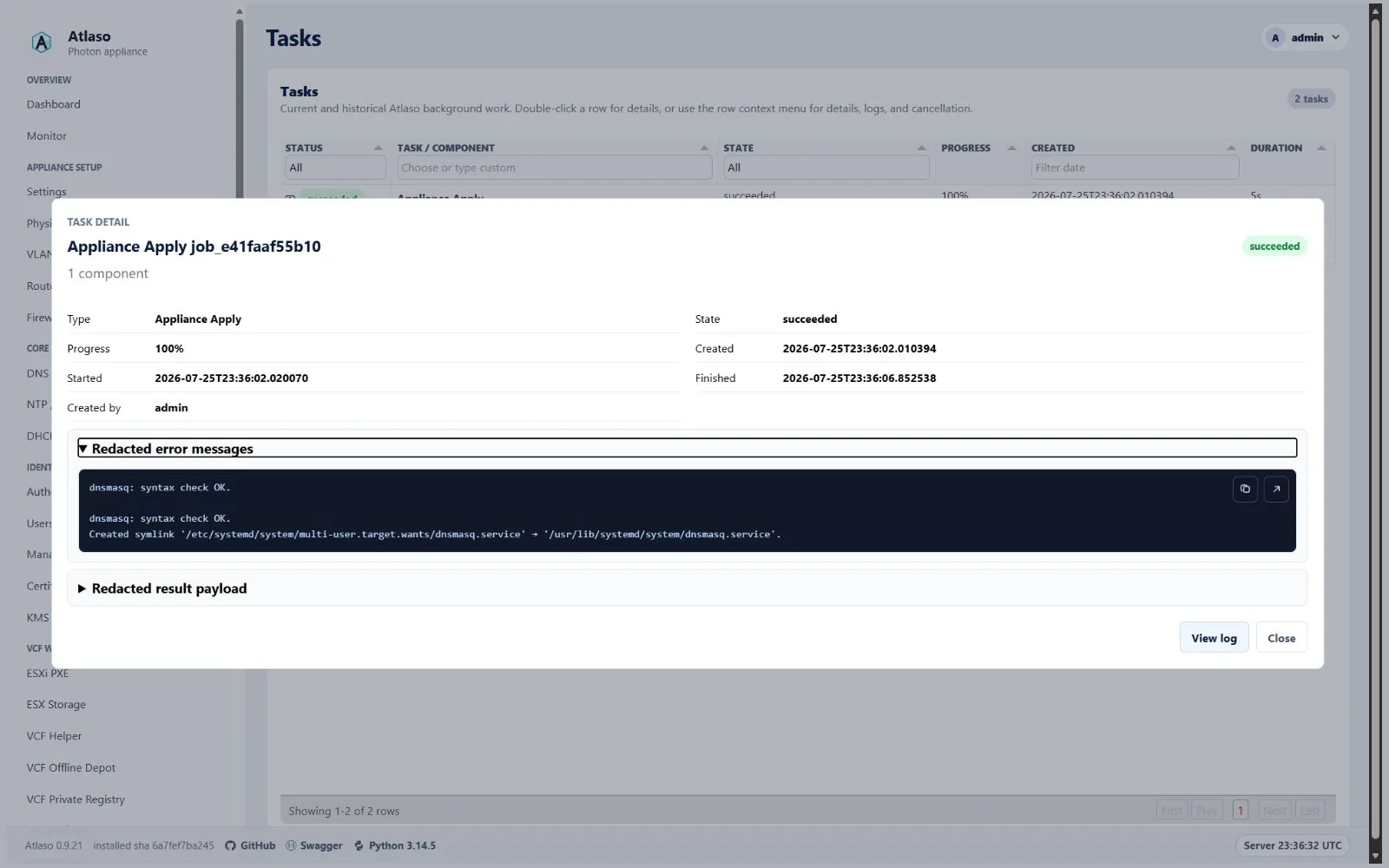 Atlaso task detail dialog showing a successful DNS appliance apply.
