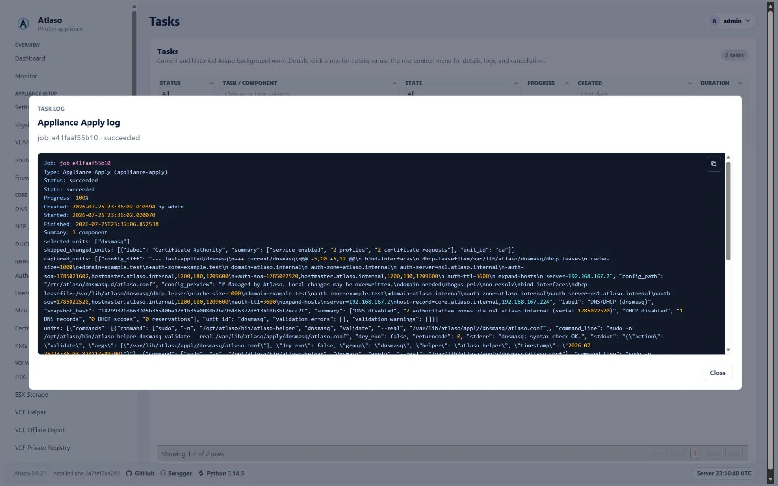 Atlaso task log showing successful dnsmasq validation, apply, and reload.