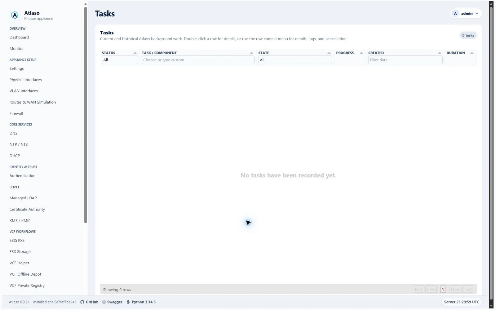 Atlaso Tasks page in the clean-appliance desktop viewport.