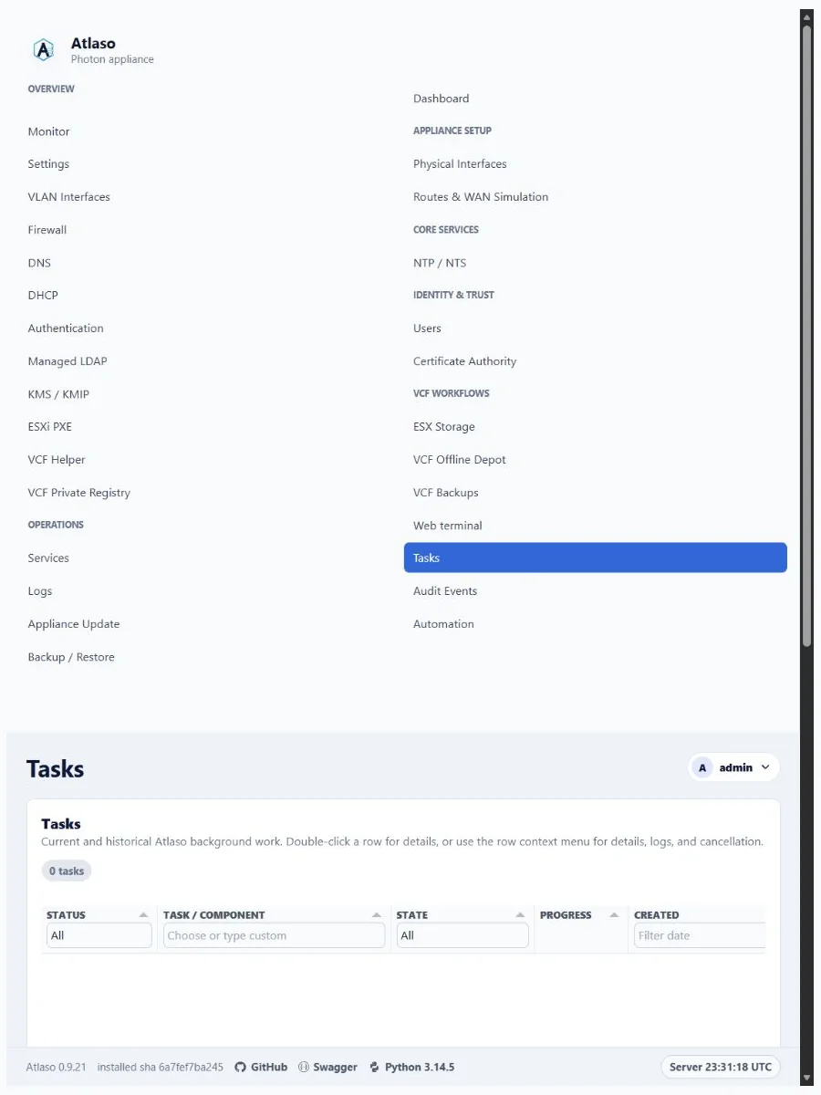 Atlaso Tasks page in the clean-appliance responsive viewport.