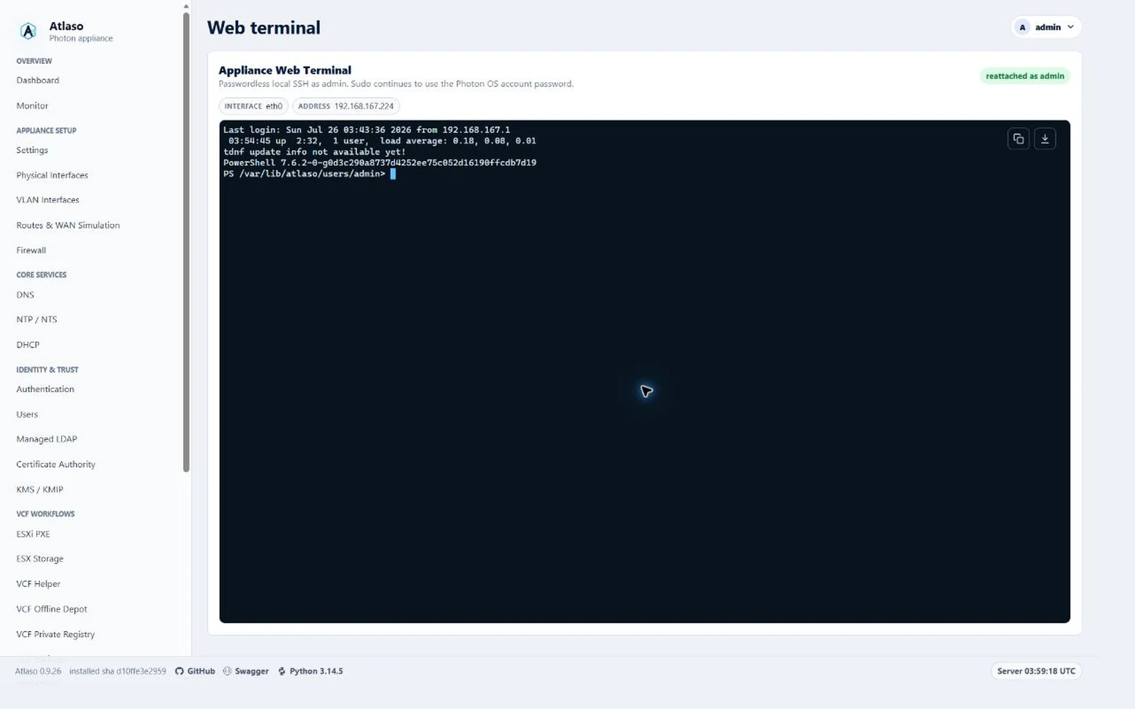 Atlaso Web terminal connected as the admin user in the desktop viewport.