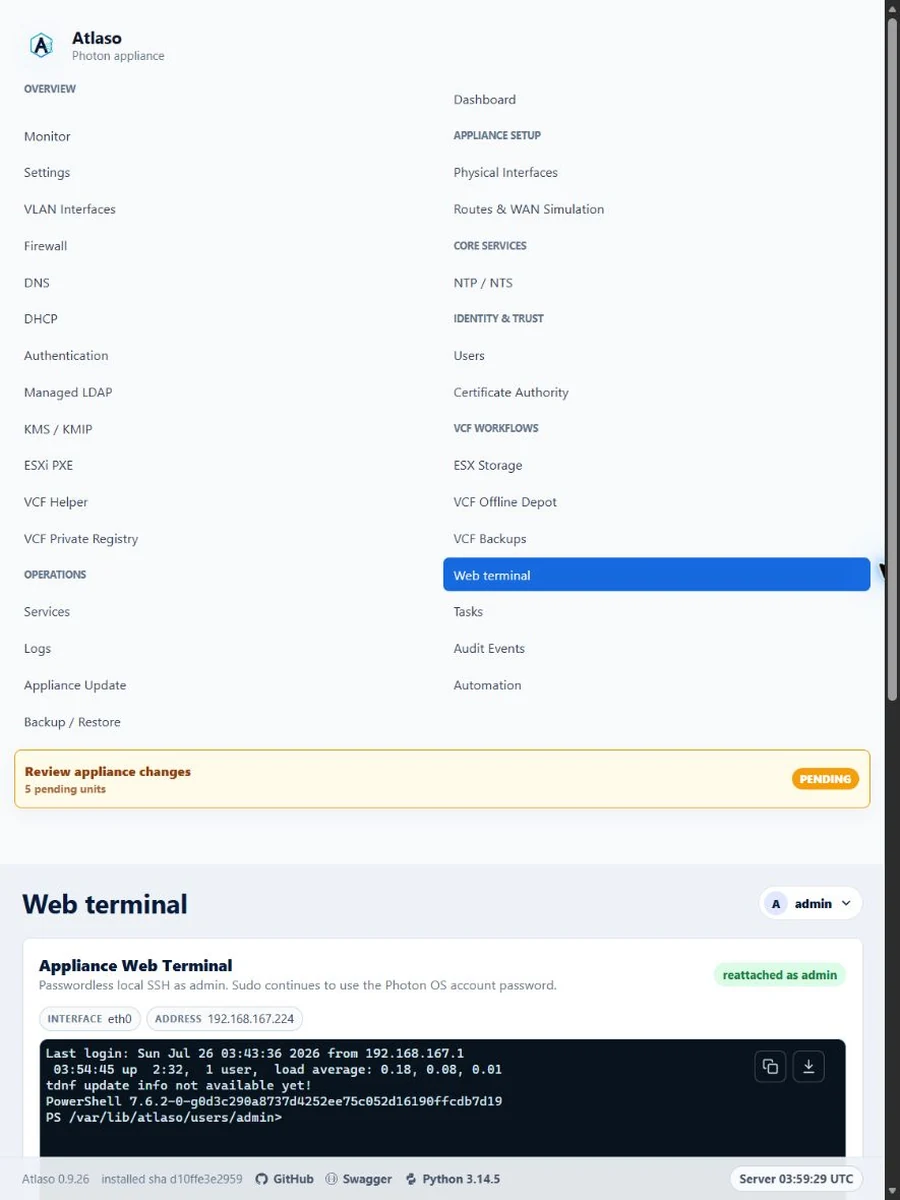 Atlaso Web terminal connected as the admin user in the responsive viewport.