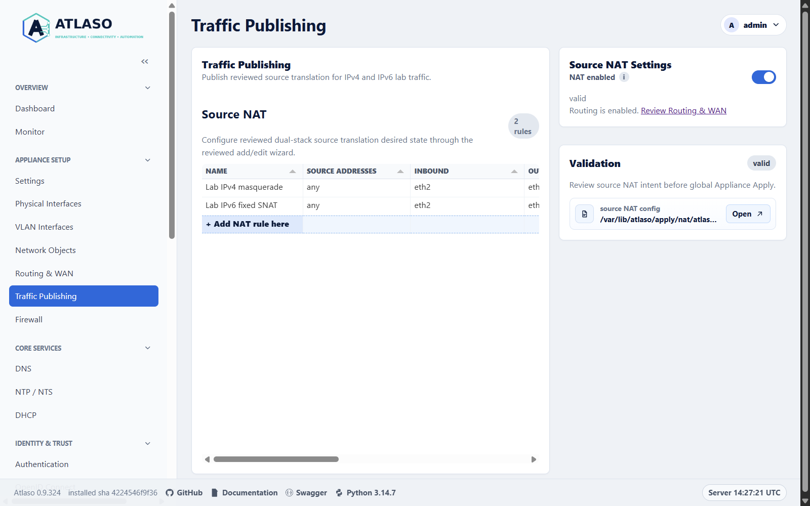 Atlaso Traffic Publishing with source NAT rules and a viewport-filling grid above the footer.