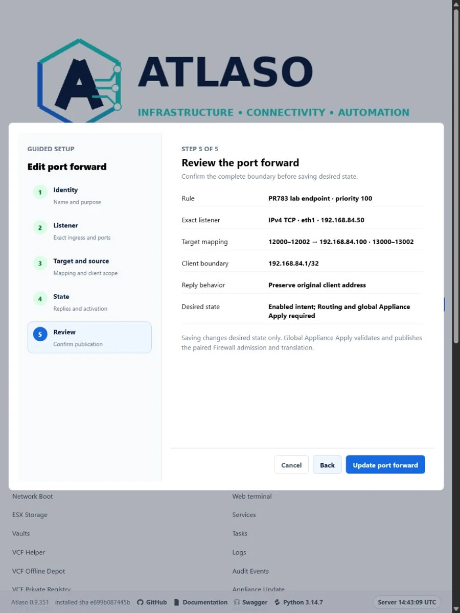 Atlaso port-forward review wizard showing a three-port TCP mapping, restricted client CIDR, and original client preservation.