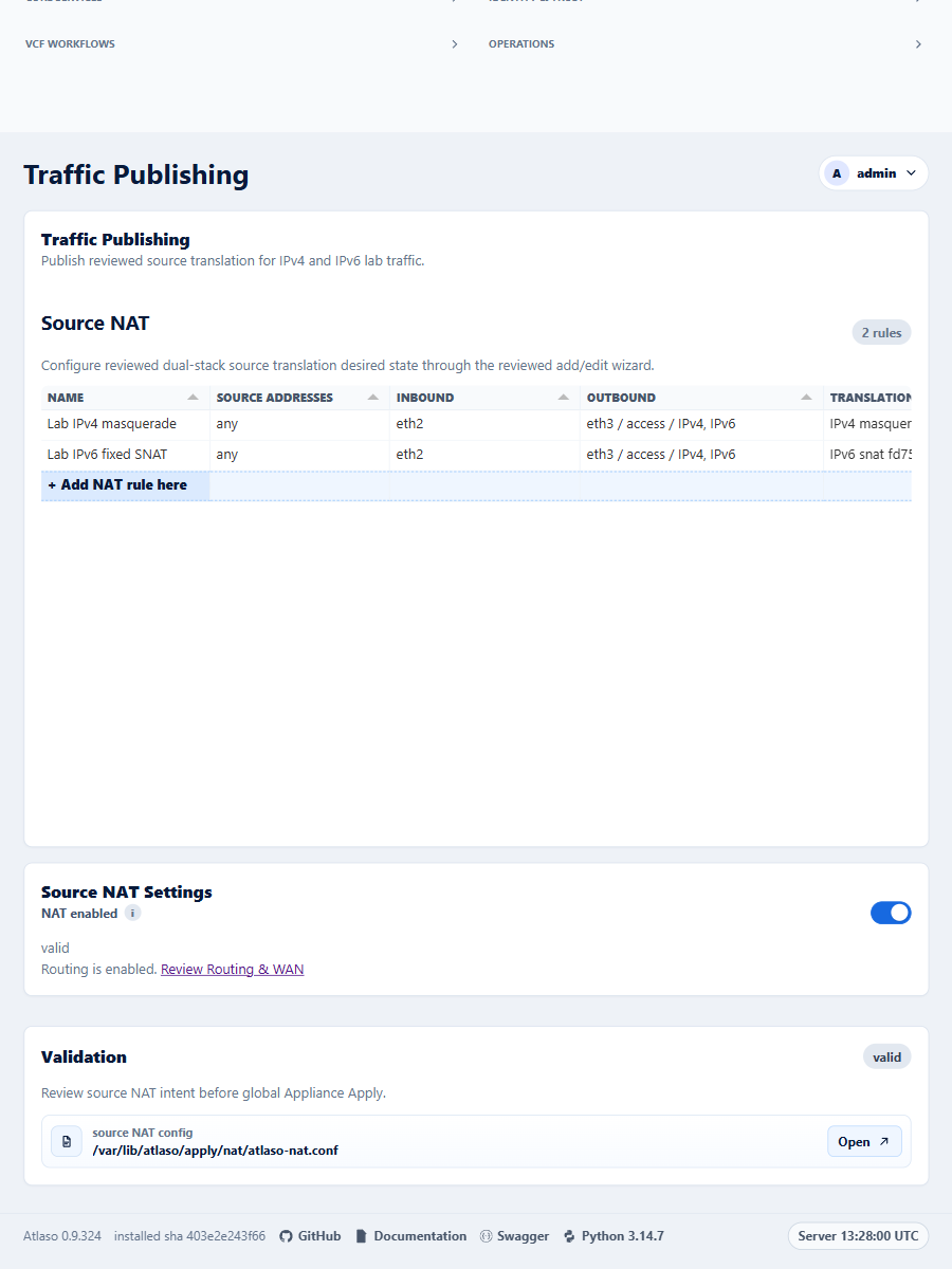 Atlaso Traffic Publishing showing explicit eth2 ingress, eth3 egress, and enabled source NAT.