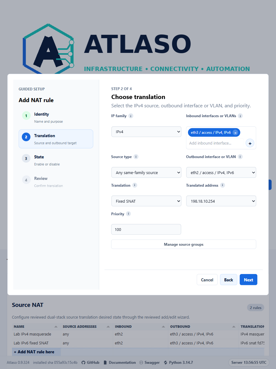 Atlaso NAT translation step with aligned ingress labels, an assigned-address selector, and Manage source groups.