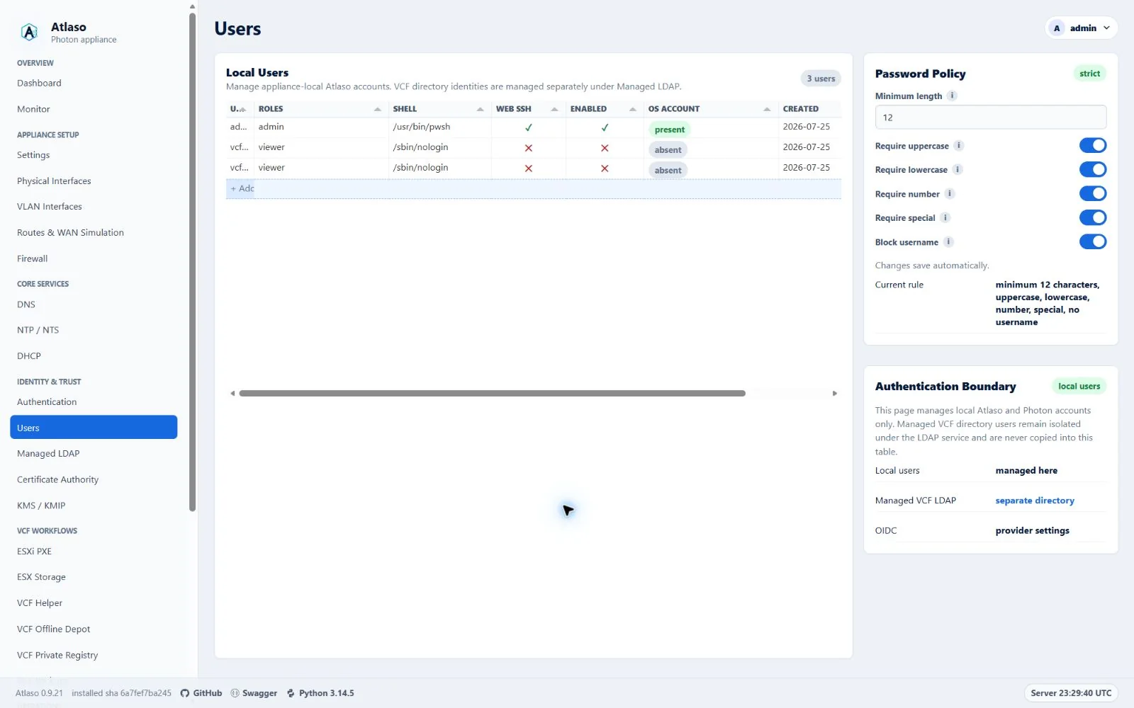 Atlaso Users page in the clean-appliance desktop viewport.