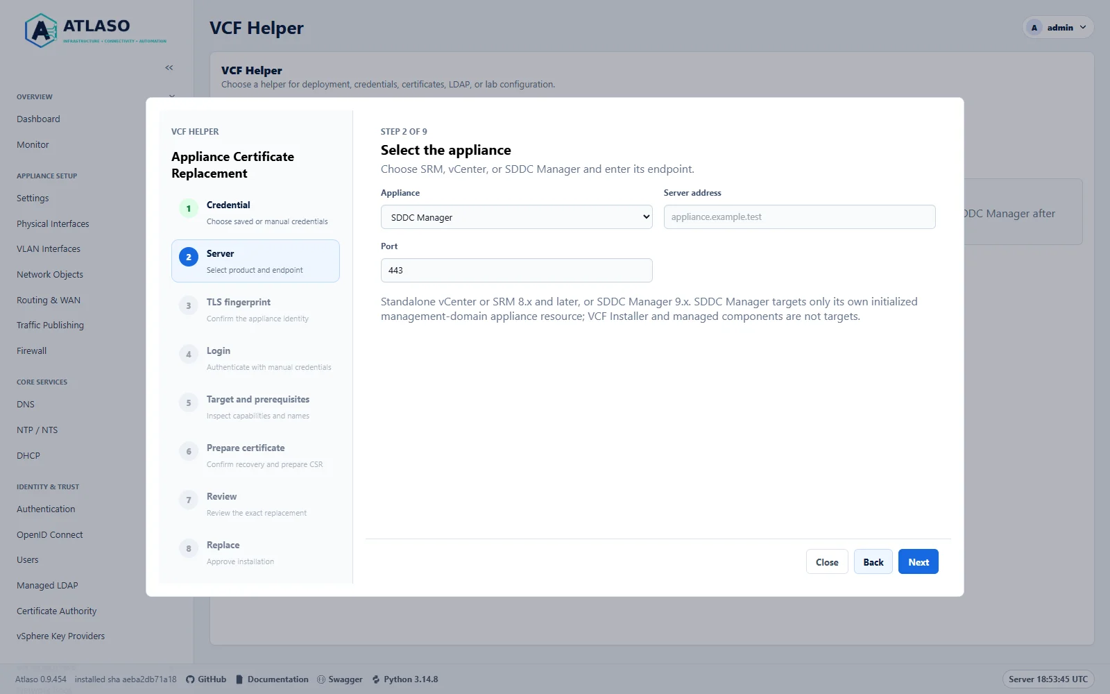 Atlaso certificate wizard selecting SDDC Manager in the desktop viewport.