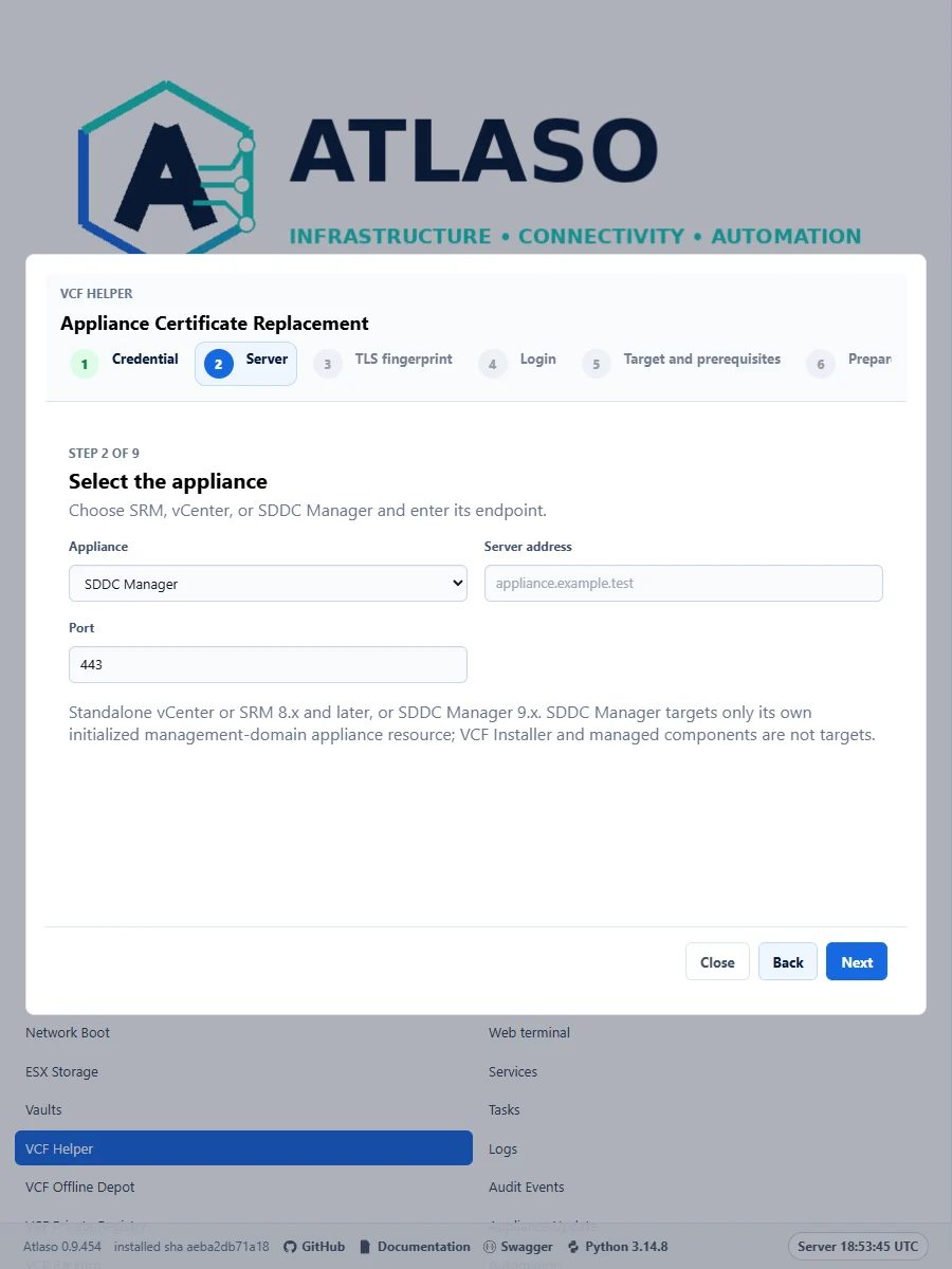 Atlaso certificate wizard selecting SDDC Manager in the responsive viewport.