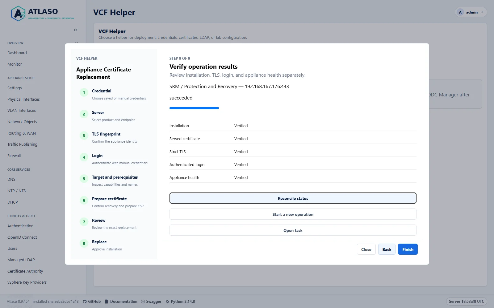 Atlaso certificate replacement results for SRM showing five separately verified outcomes in the desktop viewport.