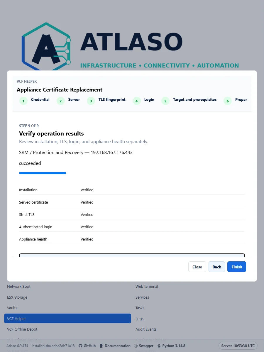 Atlaso certificate replacement results for SRM showing five separately verified outcomes in the responsive viewport.