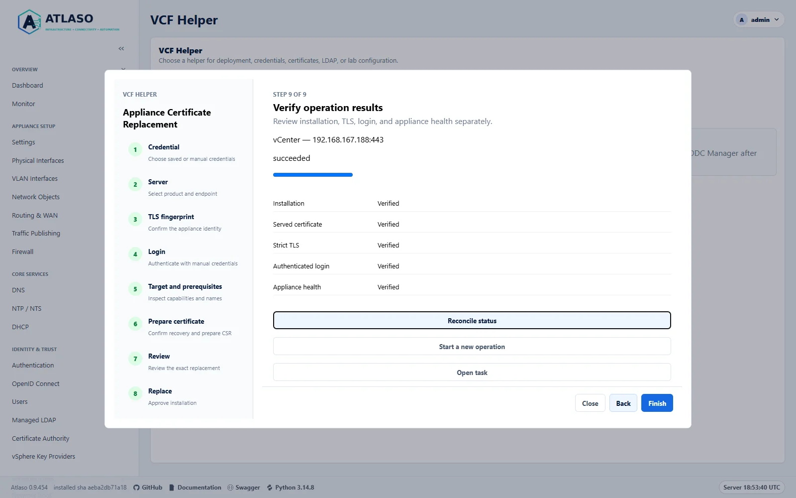 Atlaso certificate replacement results for vCenter showing five separately verified outcomes in the desktop viewport.