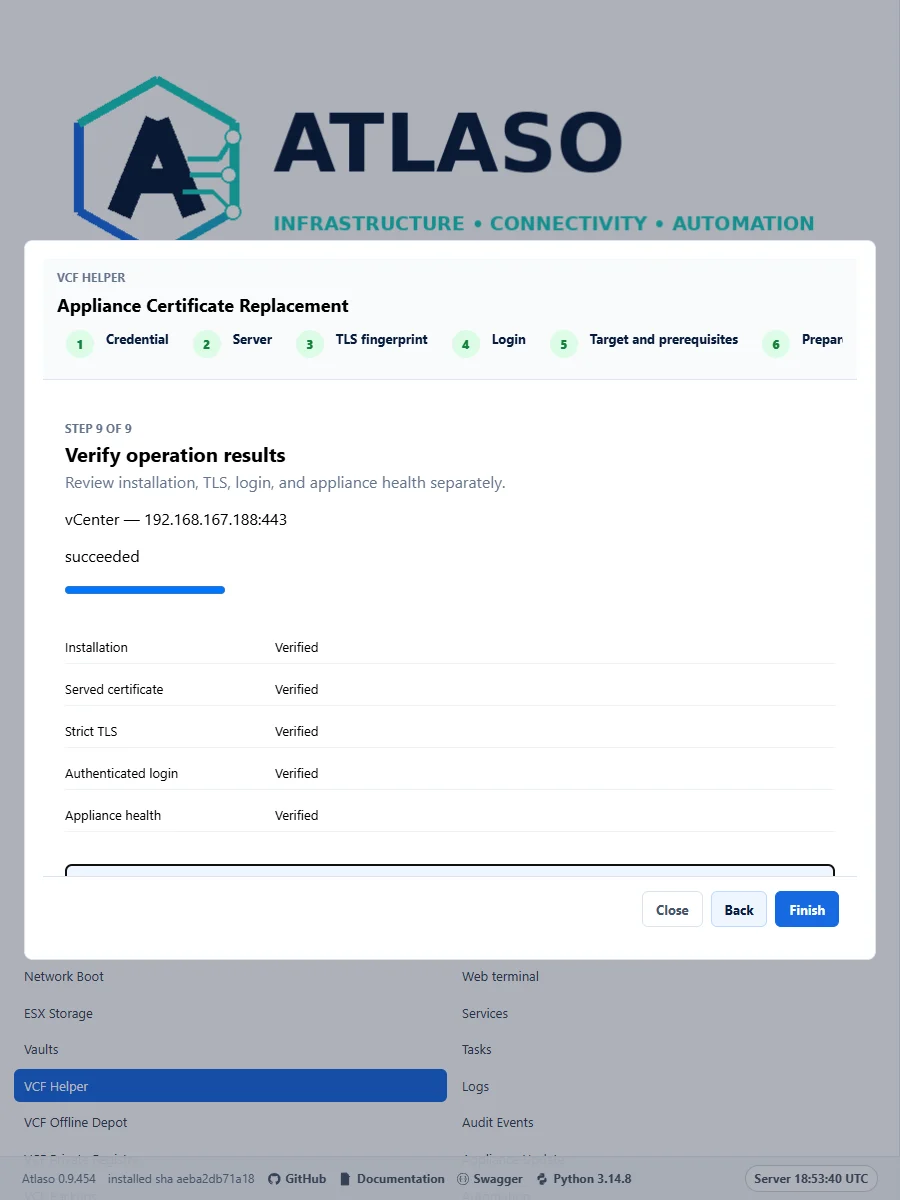 Atlaso certificate replacement results for vCenter showing five separately verified outcomes in the responsive viewport.