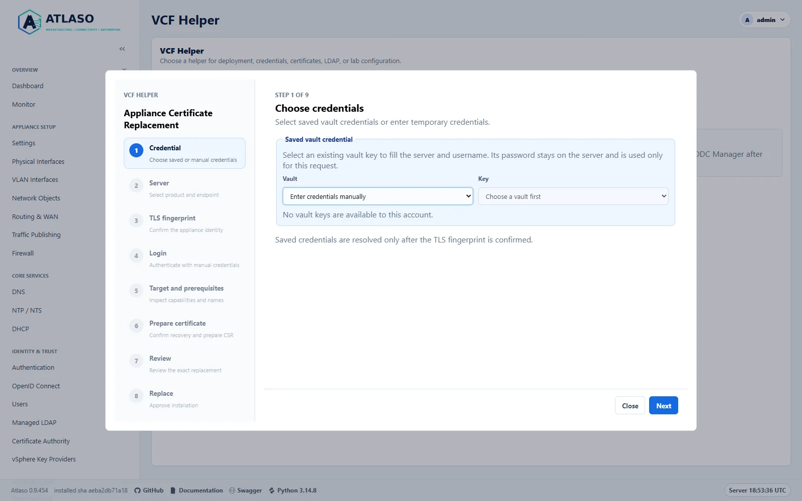 Atlaso Appliance Certificate Replacement credential step in the desktop viewport.