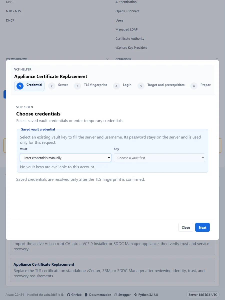 Atlaso Appliance Certificate Replacement credential step in the responsive viewport.