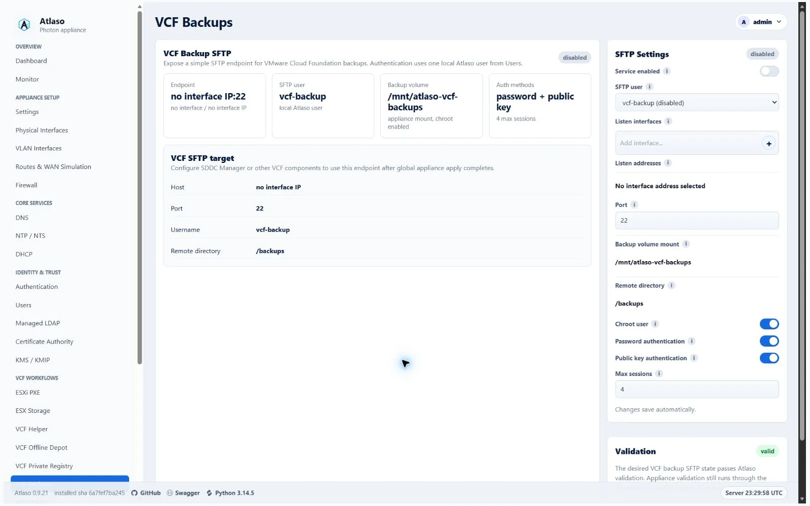 Atlaso VCF Backups page in the clean-appliance desktop viewport.