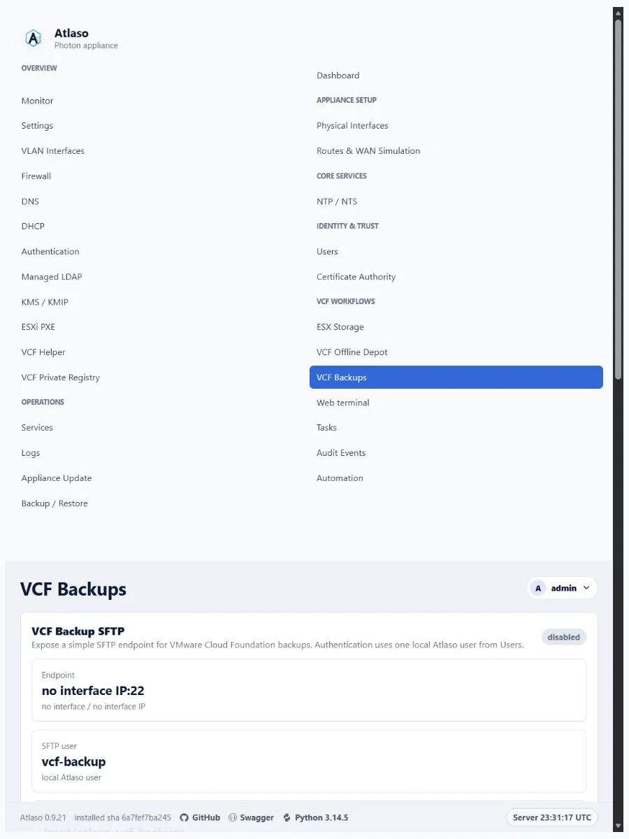 Atlaso VCF Backups page in the clean-appliance responsive viewport.